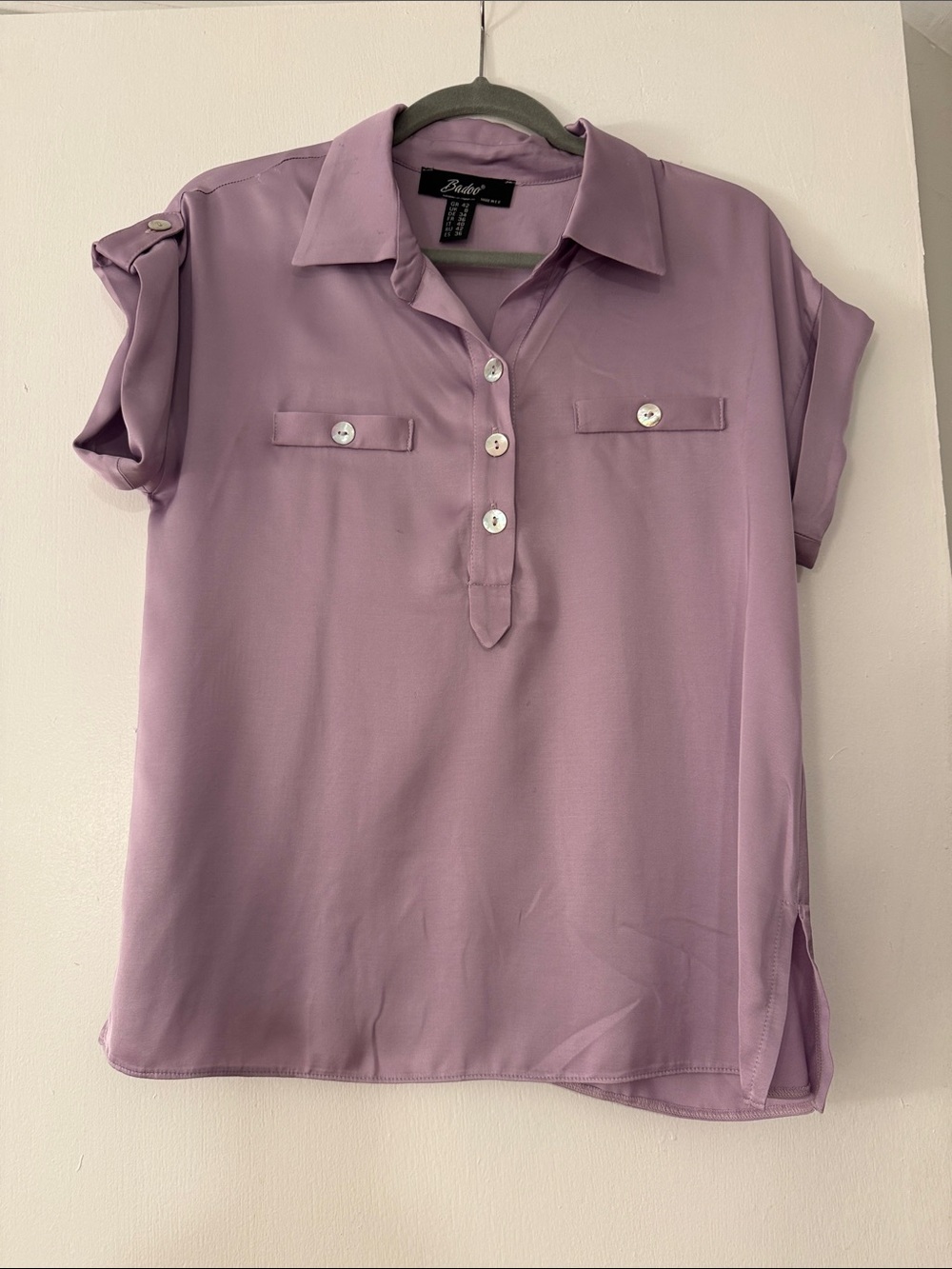 Button-Placket Lavender Blouse with Tab Sleeves